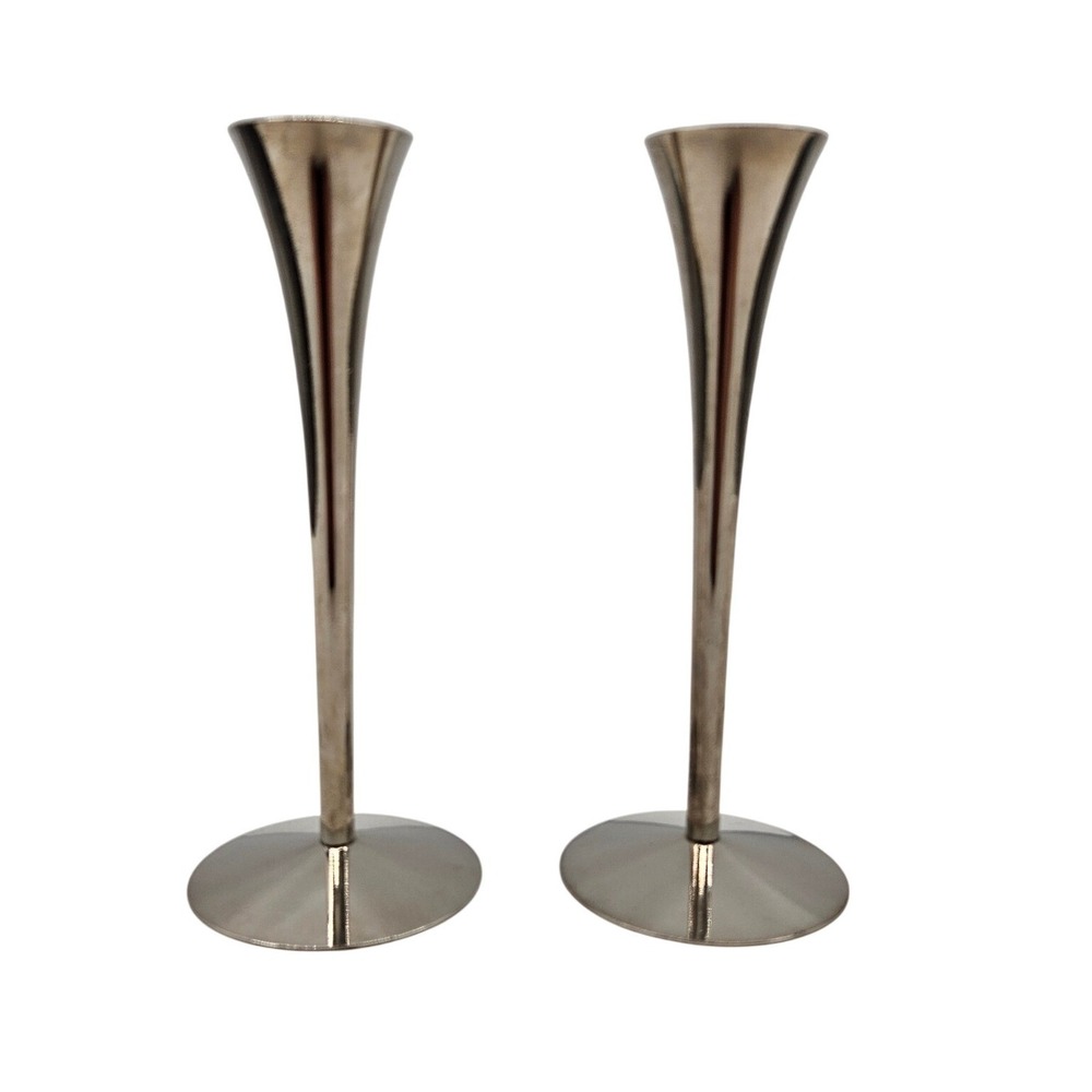 AS Solingen Germany Vintage Silver Tone Trumpet Candlestick Holders Pair MCM